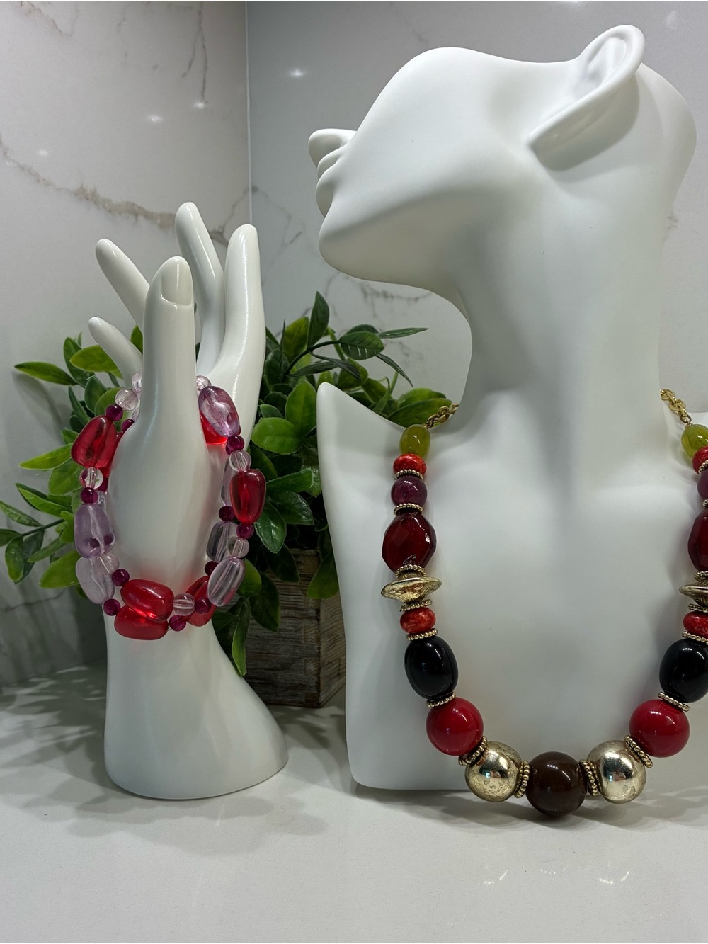 Elegant Red and Purple Beaded Statement Bracelet and Necklace Set